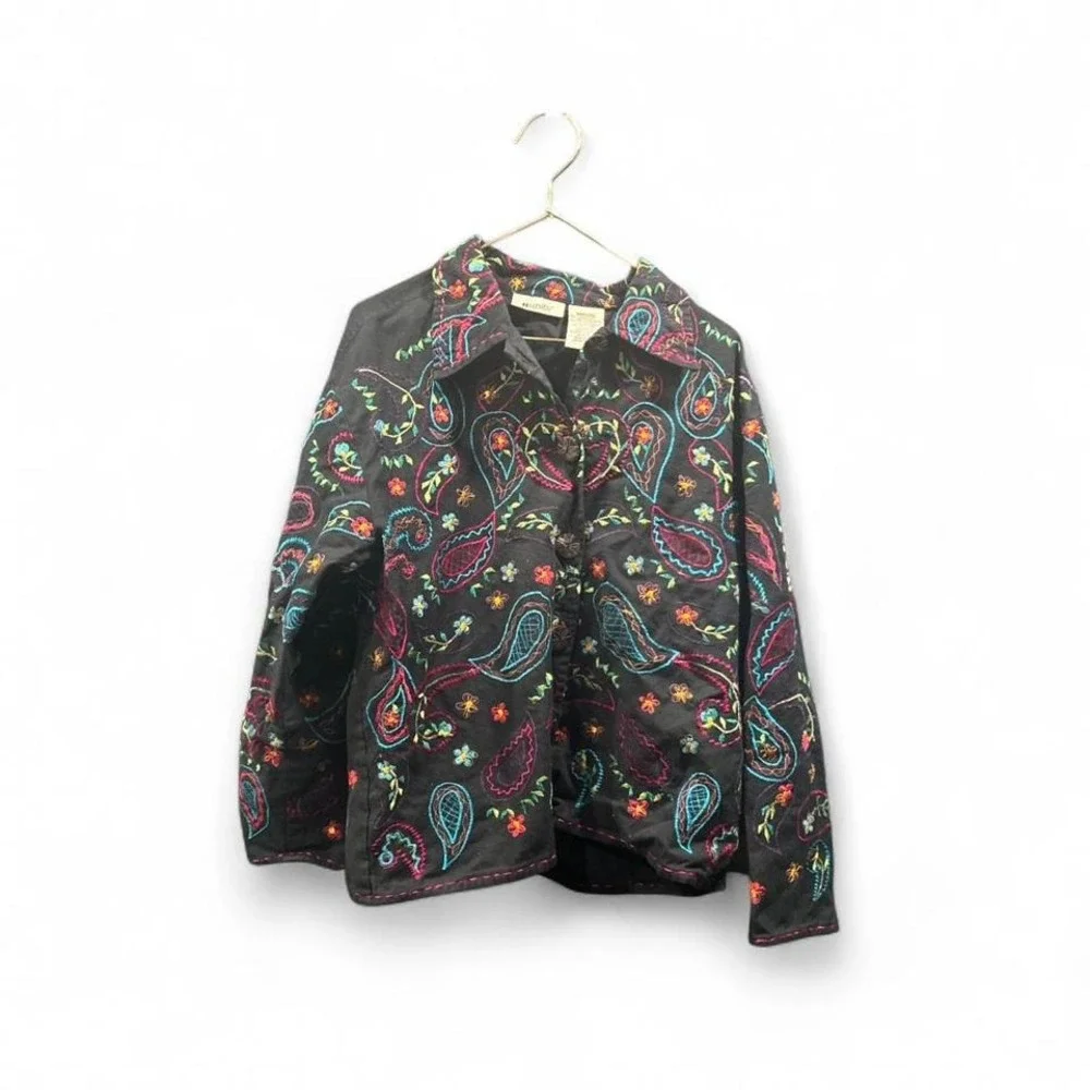 Women's Black & multi-color embroidered paisley button-up‎ jacket by Unit MEDIUM